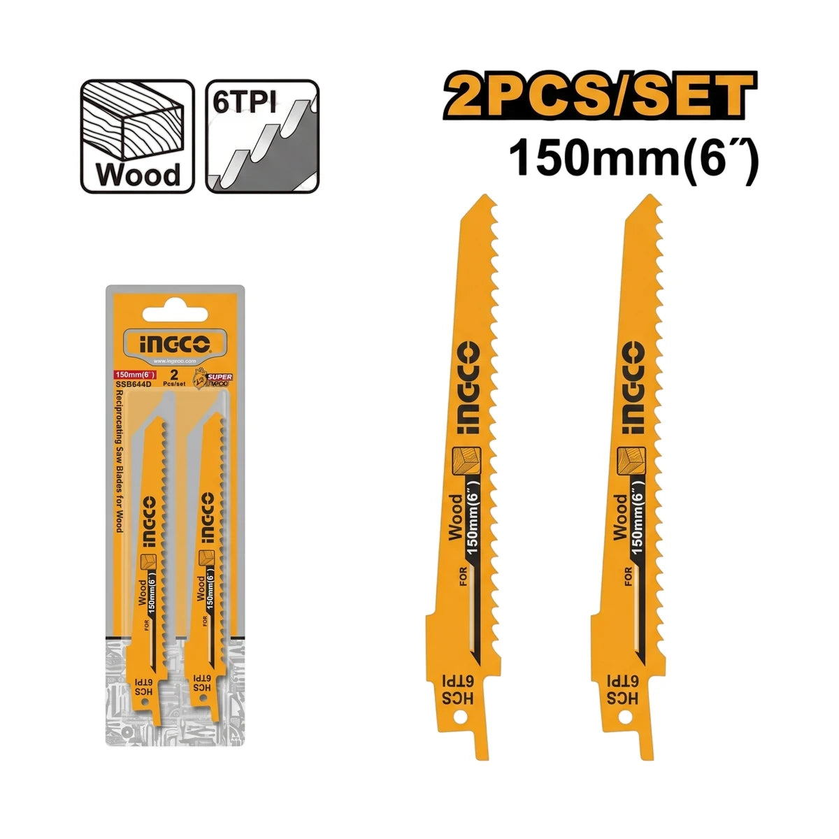 Two yellow Ingco 150mm 6TPI reciprocating saw blades for wood, shown in packaging and individually.