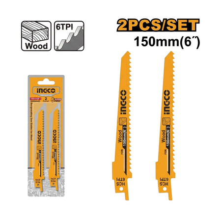 Two yellow Ingco 150mm 6TPI reciprocating saw blades for wood, shown in packaging and individually.