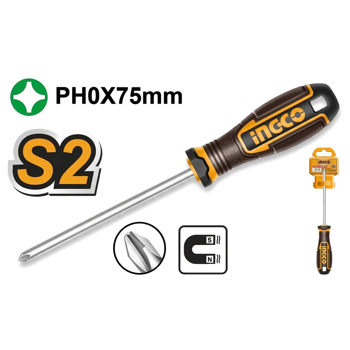 An Ingco S2 magnetic Phillips screwdriver, PH0 X 75mm, with a brown and yellow ergonomic handle and a silver shaft.