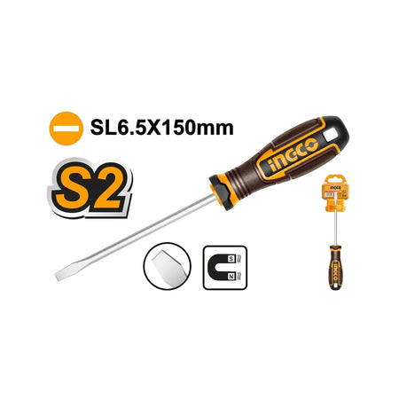 Ingco S2 Magnetic Slotted Screwdriver, 6.5 x 150mm, with orange and black handle, shown diagonally with packaging and size