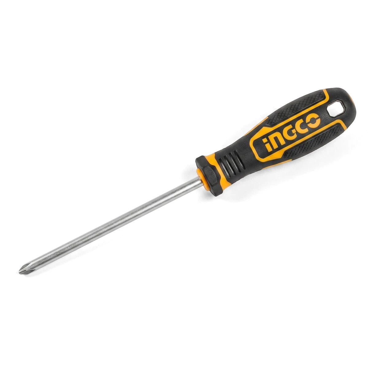 Ingco S2 Phillips screwdriver with black and yellow ergonomic handle and silver shaft, shown at an angle.