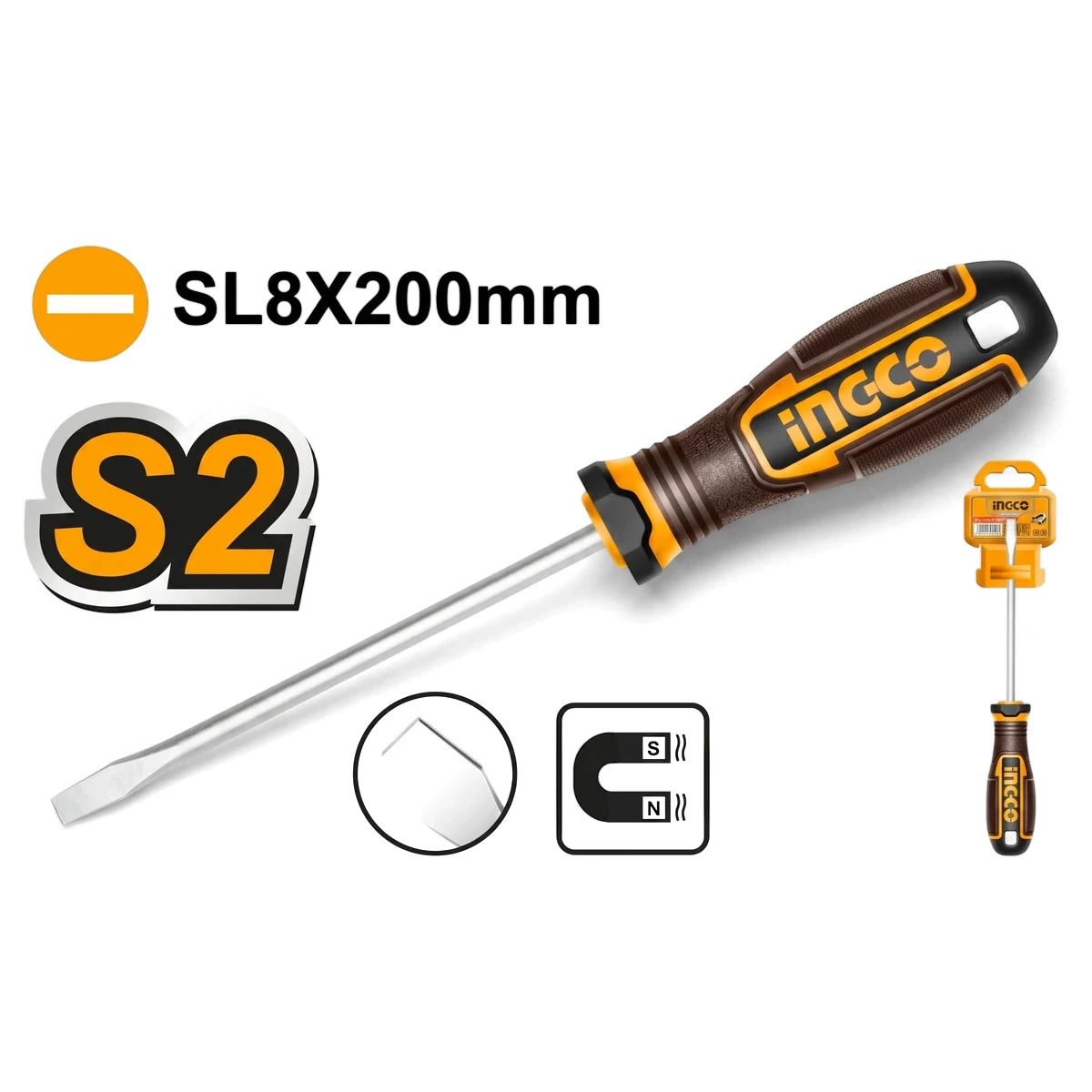 Ingco S2 slotted screwdriver, 8x200mm with magnetic tip and brown-yellow ergonomic handle for fastening tasks.