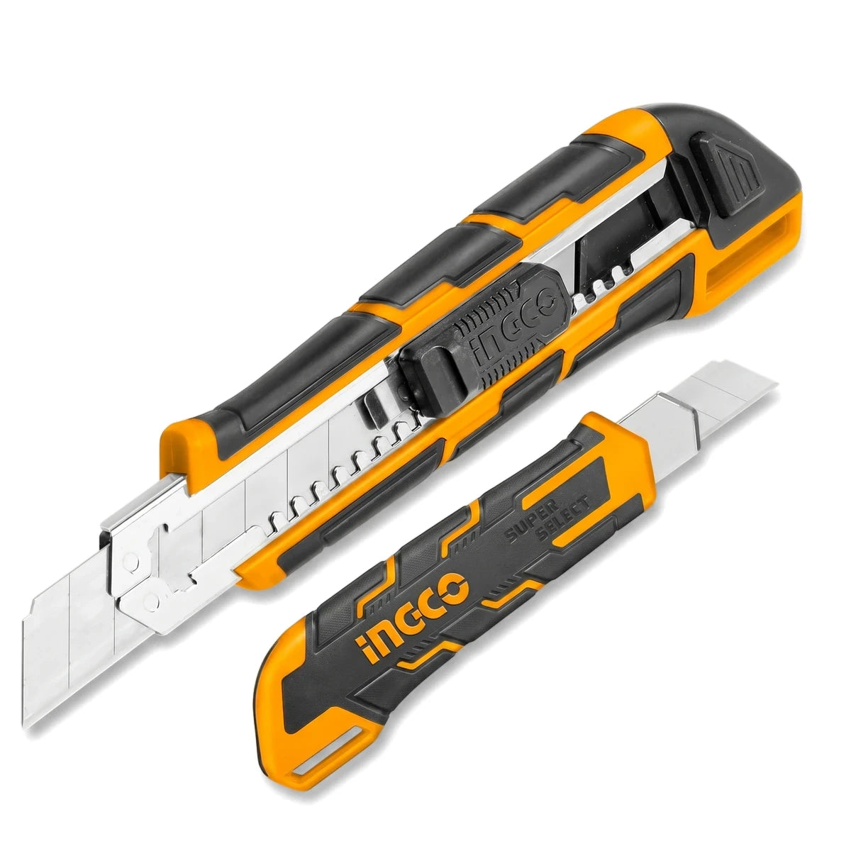 Two orange and black Ingco Snap-Off Utility Knives, 18mm with 3 blades, 100mm length, shown from an elevated diagonal view.