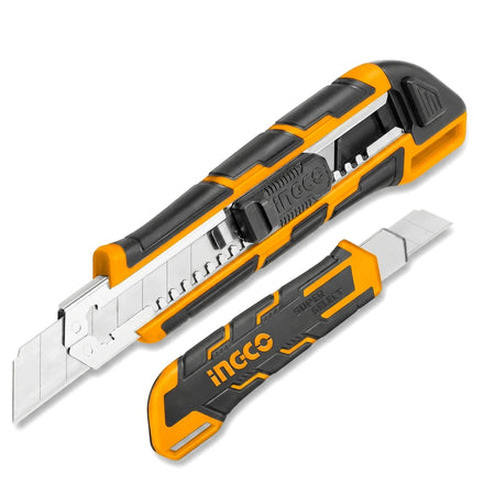 Two orange and black Ingco Snap-Off Utility Knives, 18mm with 3 blades, 100mm length, shown from an elevated diagonal view.