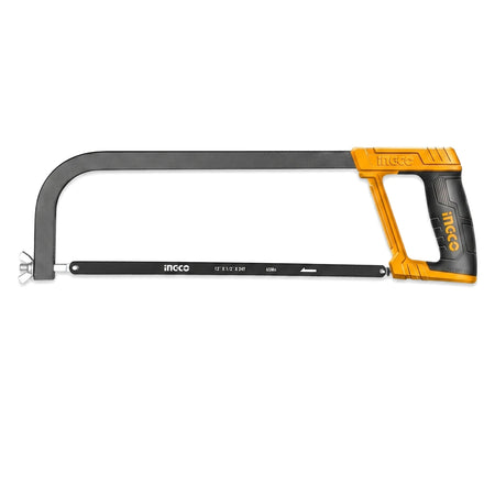 Ingco Soft Grip Hacksaw Frame with a 300mm bi-metal blade, featuring a black metal frame and ergonomic yellow and black
