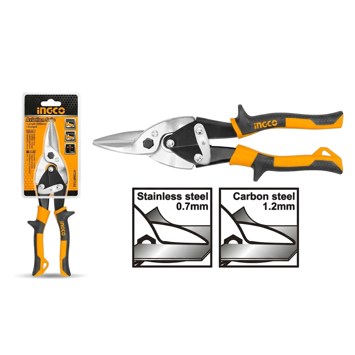Ingco Straight Cut Aviation Soft Grip Tin Snips with silver blades and black/yellow handles. Includes product packaging and