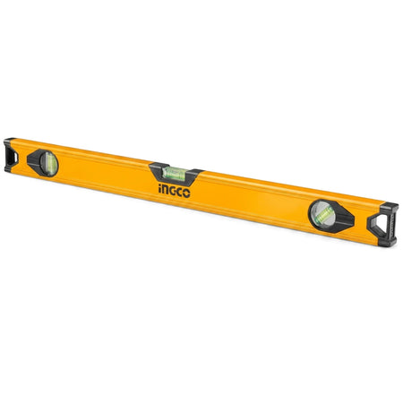 Yellow 80cm Aluminium Spirit Level with three vials, featuring black end caps and the Ingco logo, displayed at an angle.