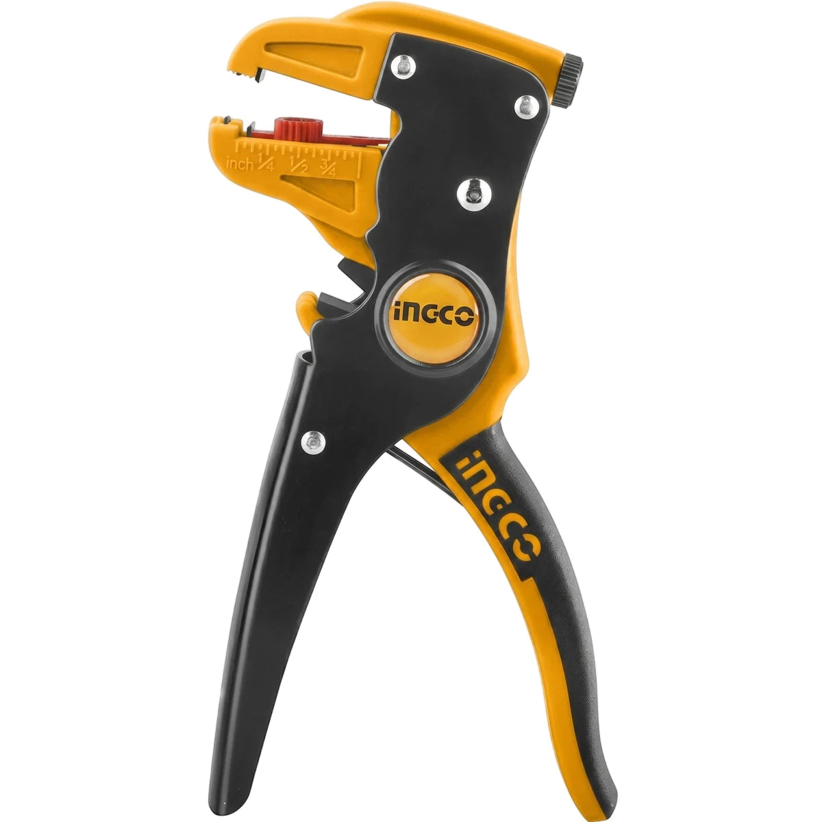 Yellow and black Ingco gun-type wire stripper pliers with 0.5-6mm capacity for electrical work.