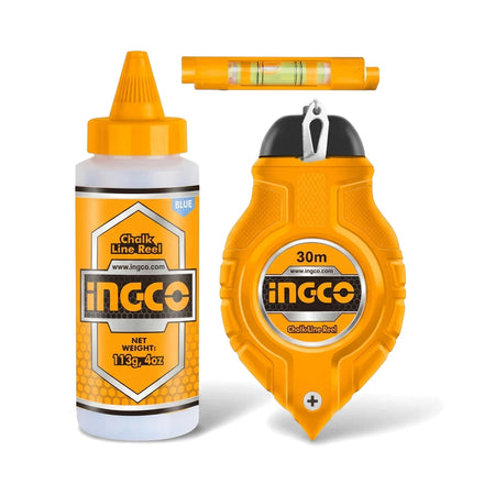 A 3-piece Ingco chalk line reel set including a yellow chalk line reel, a blue chalk powder bottle, and a yellow spirit