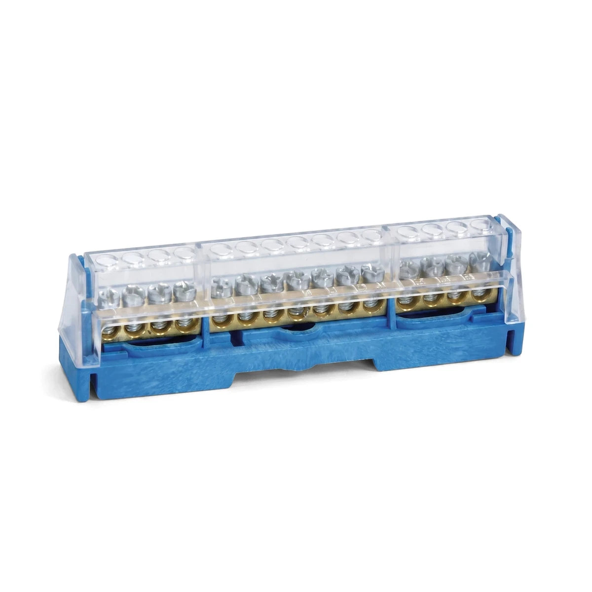 Insulated 15-way neutral terminal bar with a transparent cover and blue base, visible from an eye-level angle.