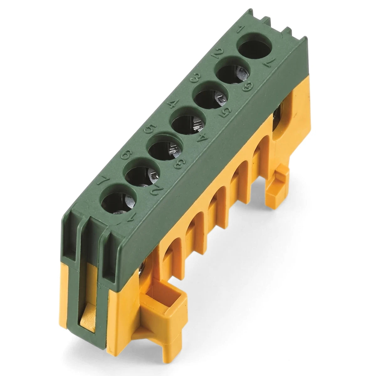 Insulated 15-way terminal bar in yellow and green for electrical wiring, featuring numbered screw terminals on a white