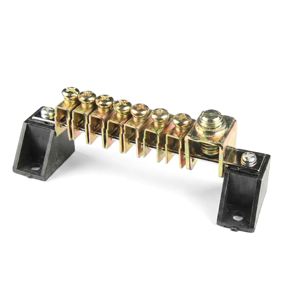 Insulated 7-way terminal bar with brass screws and black plastic bases, shown from a slightly elevated view.
