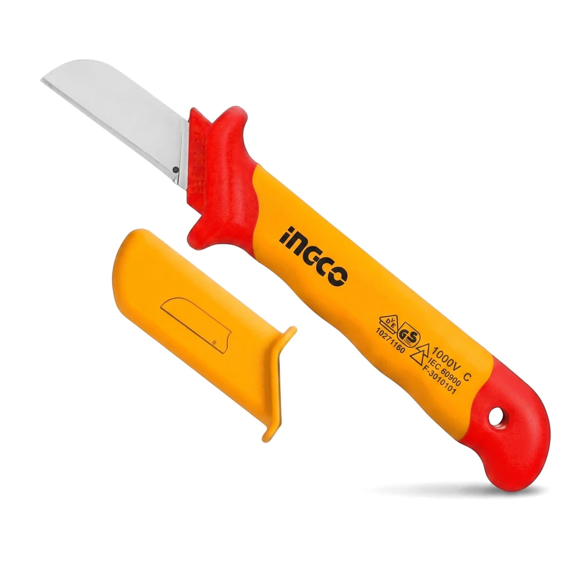 Insulated electrician's cable knife with orange and red handle, silver blade, and yellow protective sheath.