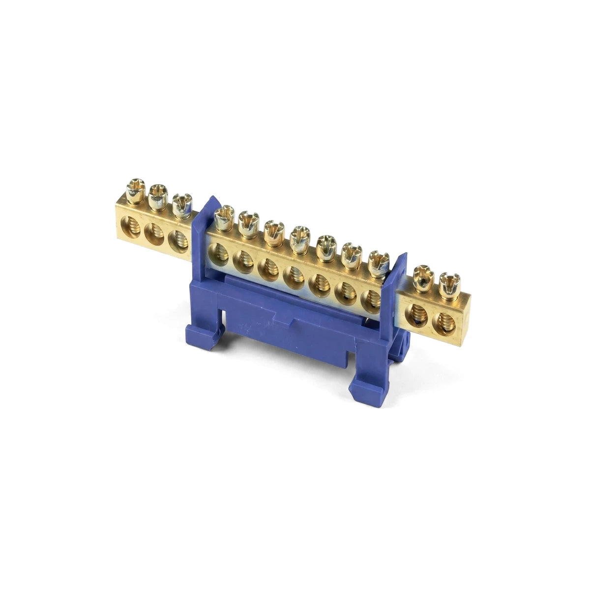 Brass and blue 12-way insulated terminal bar for electrical connections, featuring multiple screw terminals, displayed
