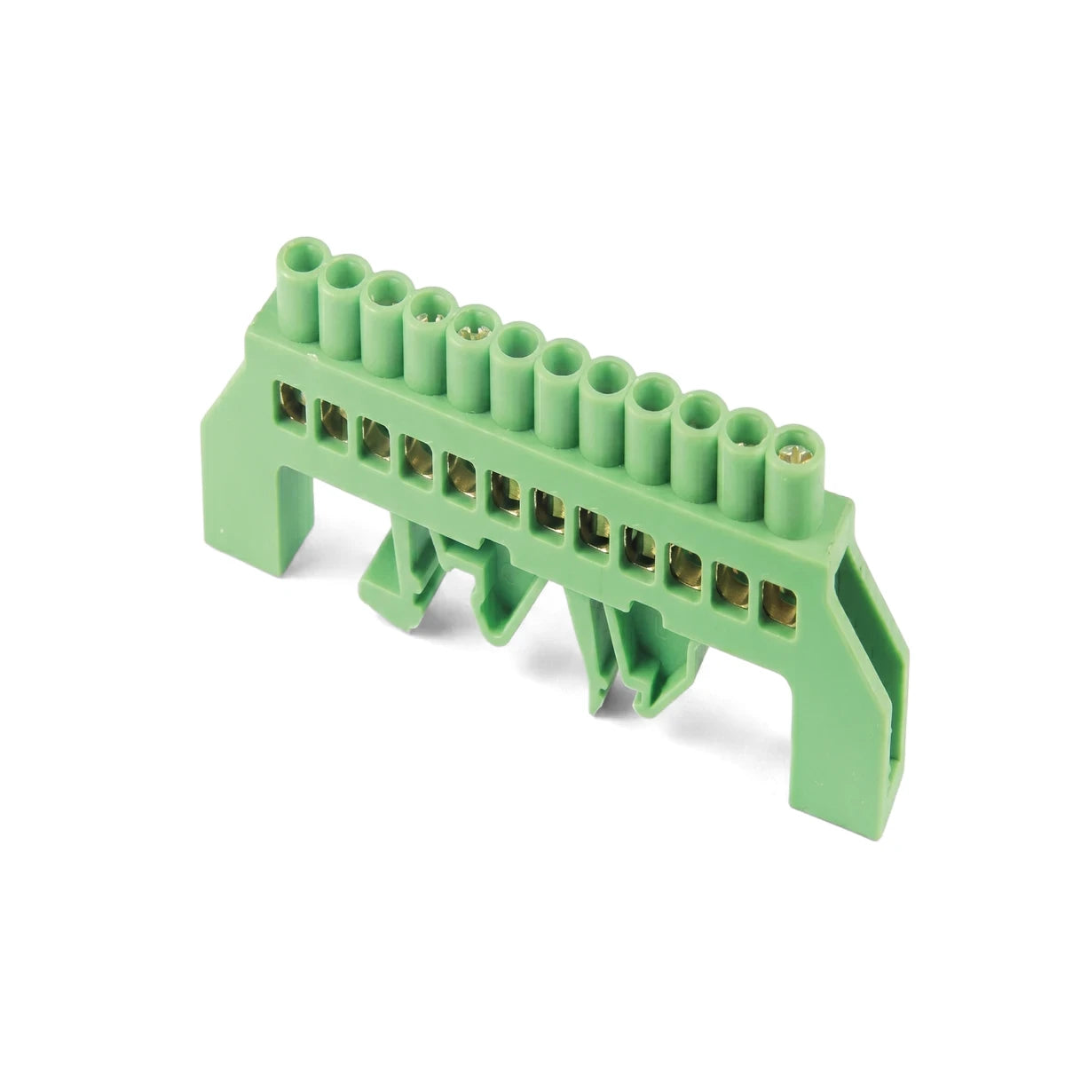 Green 12-way insulated terminal bar for electrical wiring, featuring a durable plastic housing and brass connectors.