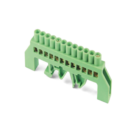 Green 12-way insulated terminal bar for electrical wiring, featuring a durable plastic housing and brass connectors.
