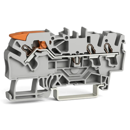 An insulated terminal bar, 12-way, shown in a grey cutaway view with orange internal components for electrical connections.