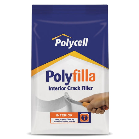 Interior Polycell Polyfilla crack filler in a white and blue bag, used for repairing indoor cracks.