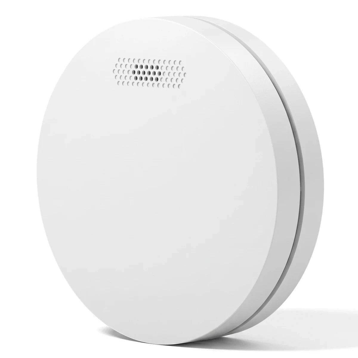 Front view of an Interlinked 10 Year Battery Life Smoke Alarm, a white circular electronic safety device with a speaker