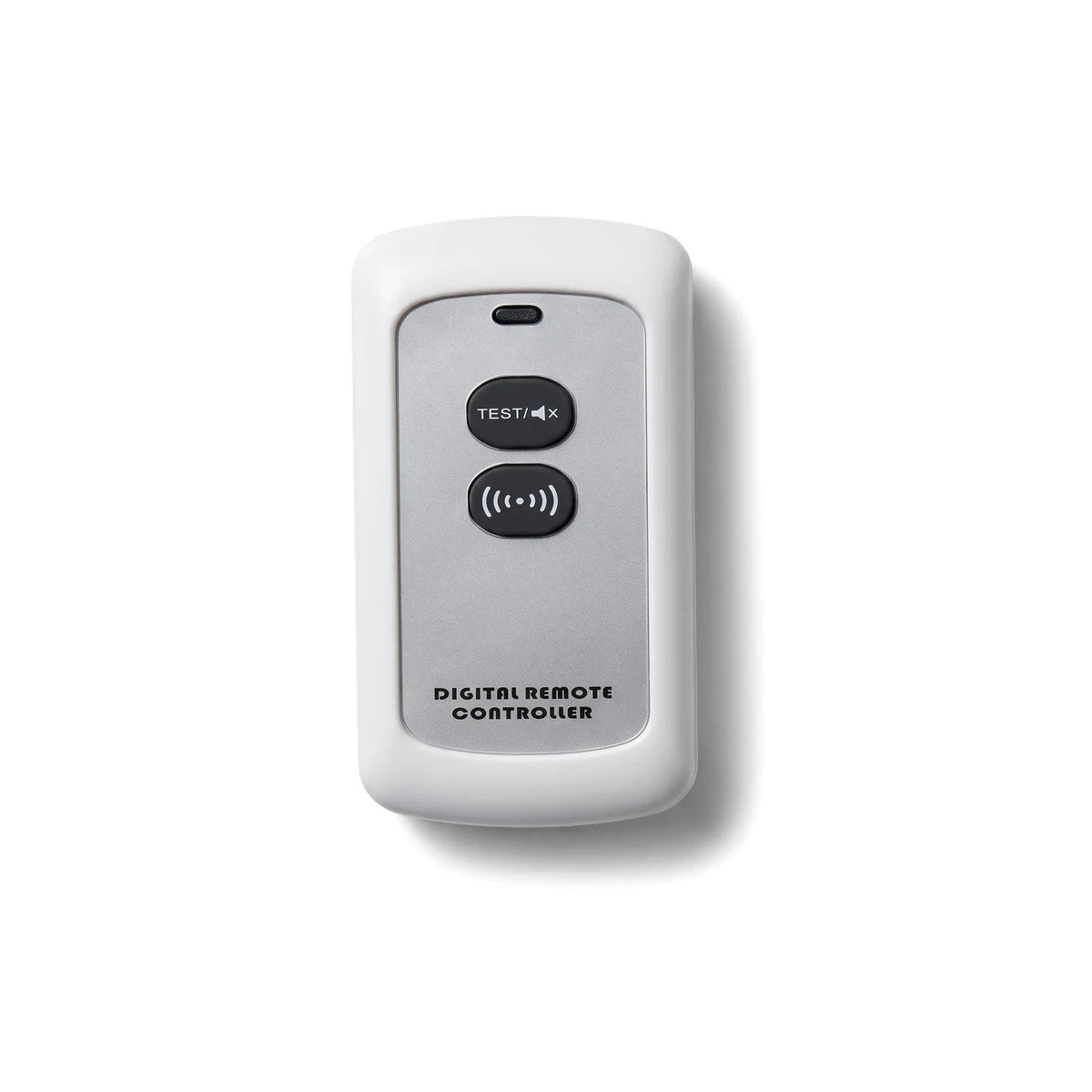 White digital remote controller for interlinked smoke alarms, featuring two control buttons and a sleek design.