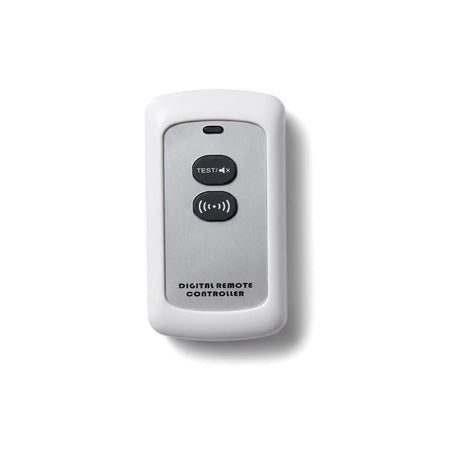 White digital remote controller for interlinked smoke alarms, featuring two control buttons and a sleek design.