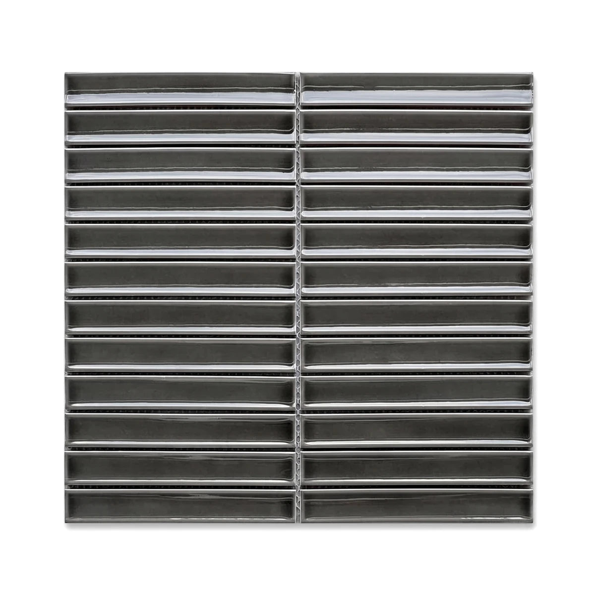 Iron grey kit kat mosaic tile, 30x30cm, featuring sleek rectangular pieces and a glossy finish for modern interiors.