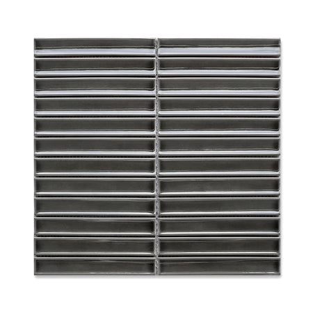 Iron grey kit kat mosaic tile, 30x30cm, featuring sleek rectangular pieces and a glossy finish for modern interiors.