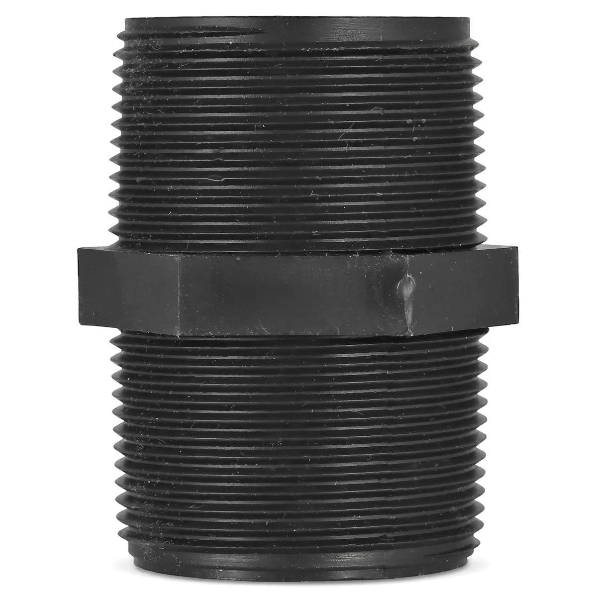 Black plastic threaded irrigation barrel nipple, 40mm, for connecting pipes in watering systems.