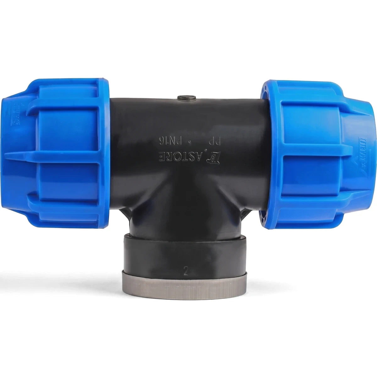 A black 40mm irrigation female tee pipe fitting with blue compression nuts on each end and a silver band on the vertical