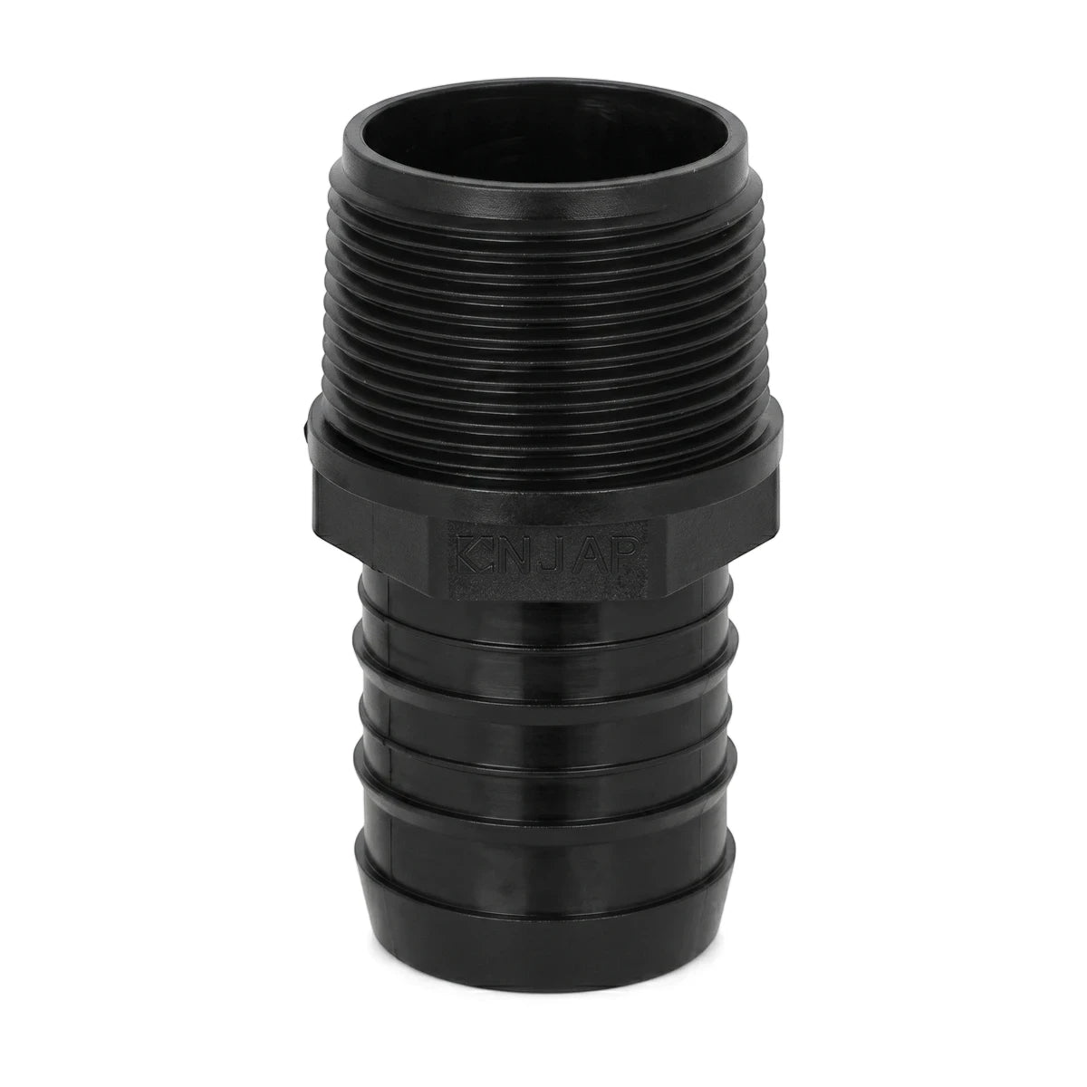 Black 40mm plastic irrigation male adapter with male threads on one end and a hose barb on the other, viewed vertically.