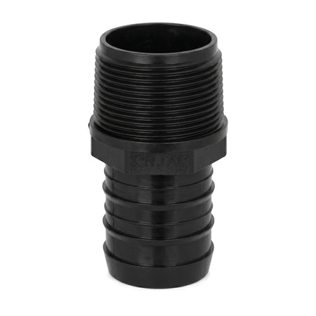 Black 40mm plastic irrigation male adapter with male threads on one end and a hose barb on the other, viewed vertically.
