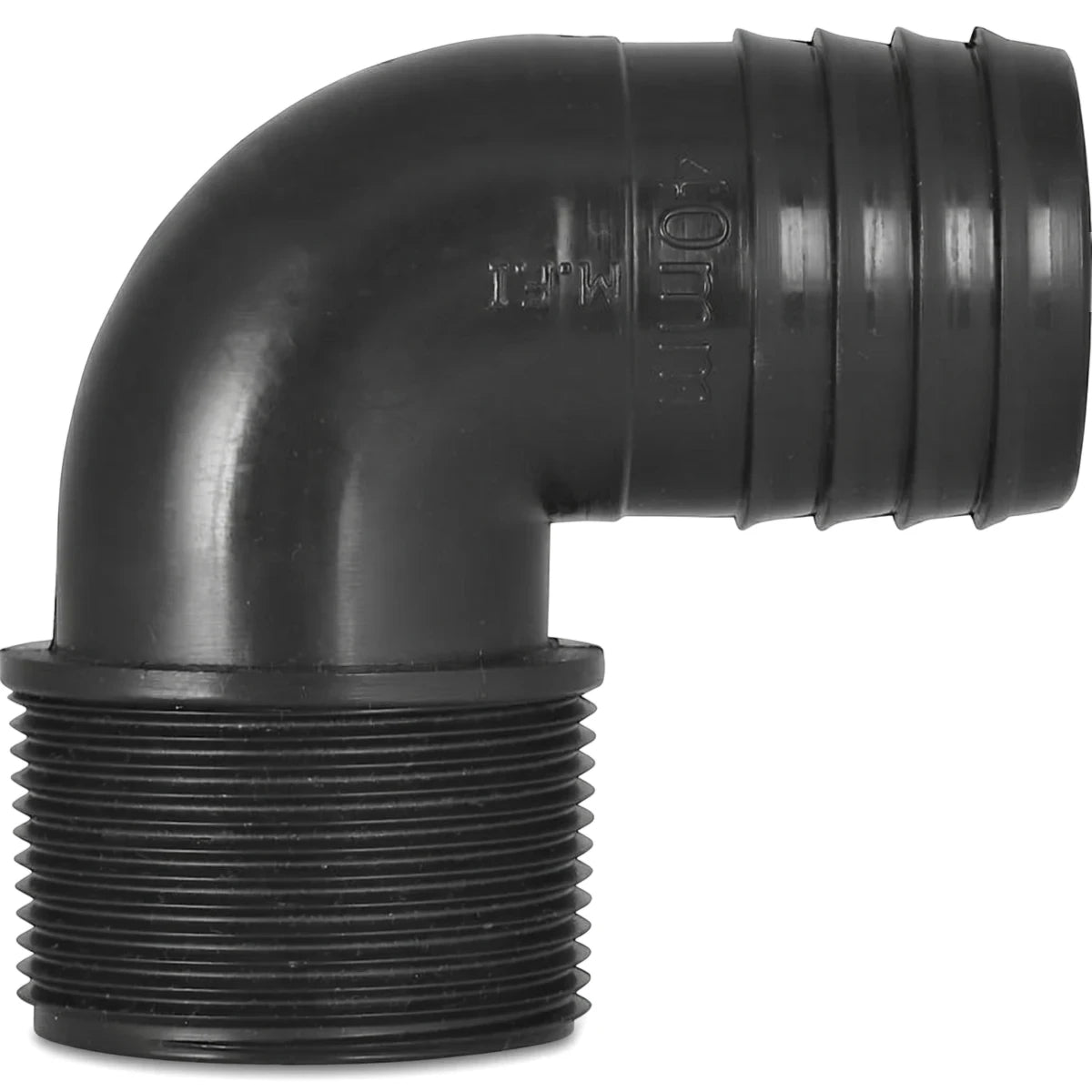 Black 40mm irrigation male elbow, made of durable plastic, featuring a threaded end and ribbed hose barb connector.