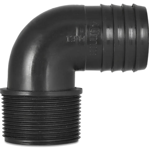 Black 40mm irrigation male elbow, made of durable plastic, featuring a threaded end and ribbed hose barb connector.