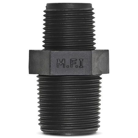 Black threaded irrigation reducing barrel nipple 20mm X 15mm, a metal pipe fitting with M.F.I branding.