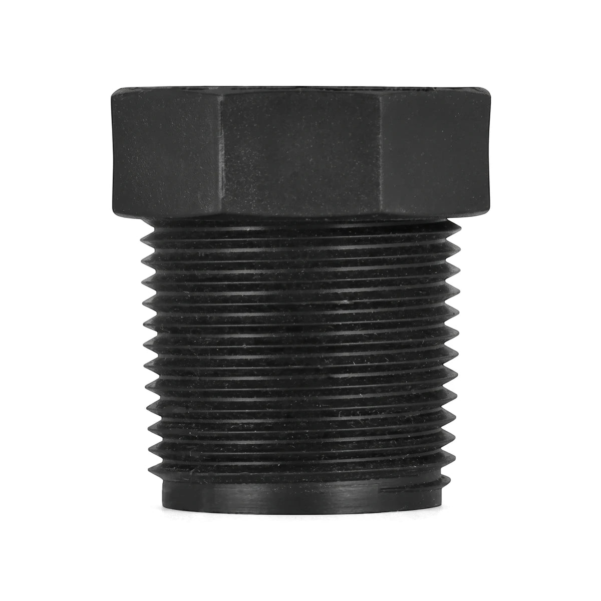 Black 20mm x 15mm irrigation reducing bush with a hexagonal head and threaded body for pipe connections.