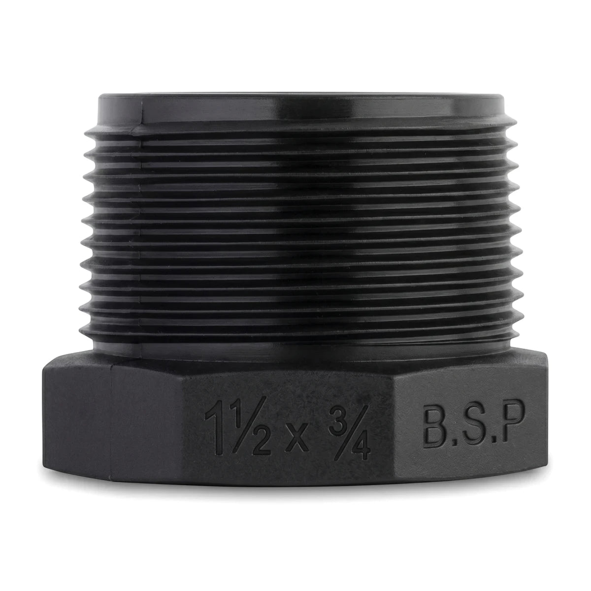 Black threaded irrigation reducing bushing, a durable pipe fitting used to connect pipes of different sizes and diameters.
