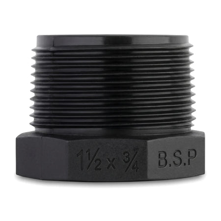 Black threaded irrigation reducing bushing, a durable pipe fitting used to connect pipes of different sizes and diameters.