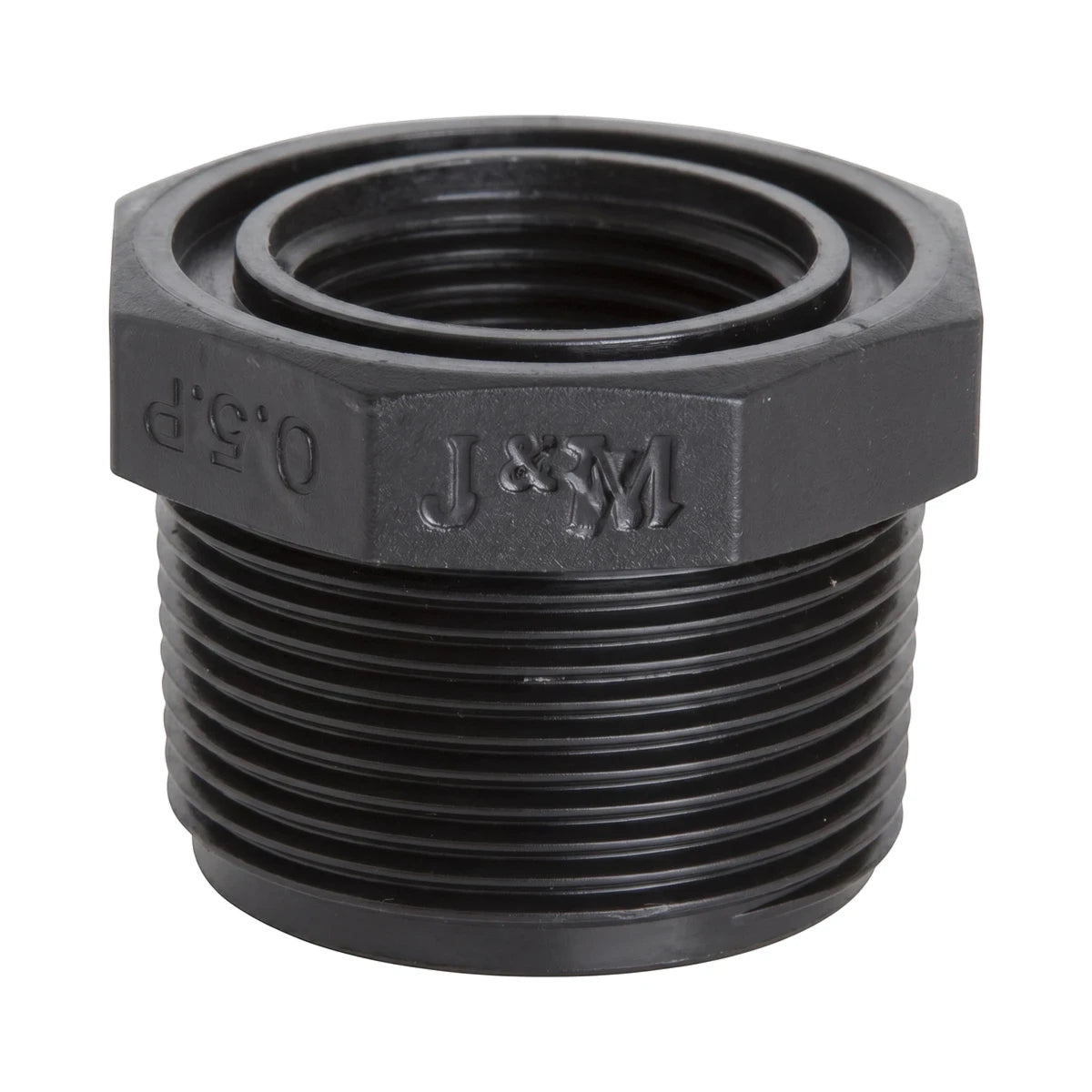 Black plastic irrigation reducing bushing, 40mm x 25mm, with threaded ends, shown in a close-up view.