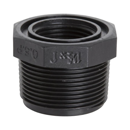 Black plastic irrigation reducing bushing, 40mm x 25mm, with threaded ends, shown in a close-up view.