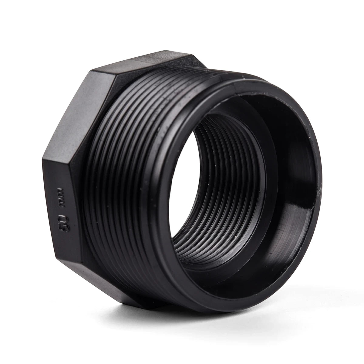 Black plastic irrigation reducing bush, 50mm by 20mm, with hexagonal exterior and threaded interior for pipe connections.