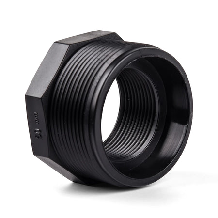 Black plastic irrigation reducing bush, 50mm by 20mm, with hexagonal exterior and threaded interior for pipe connections.