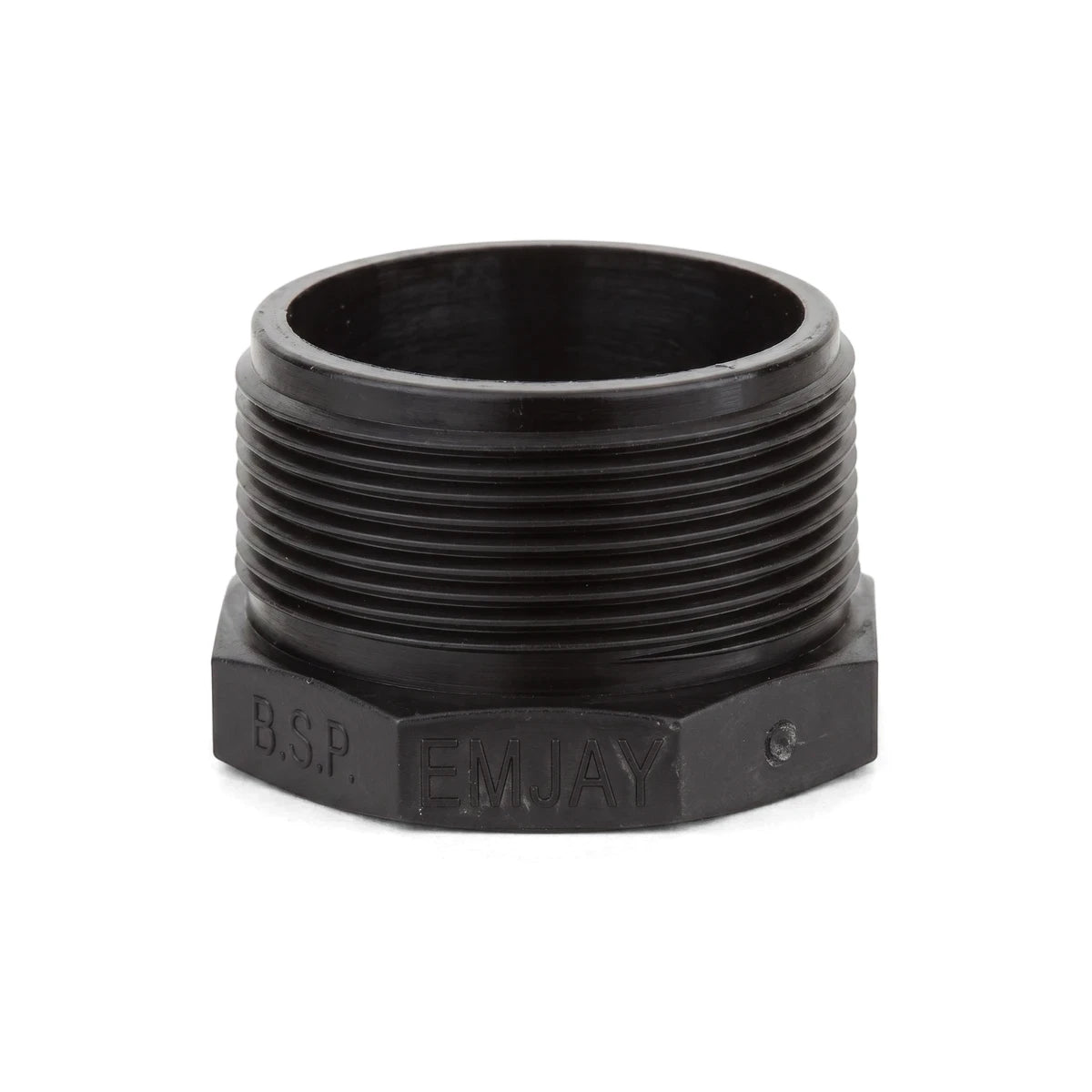 Black plastic threaded irrigation reducing bush, 50mm X 40mm, shown from an elevated perspective on a white background.
