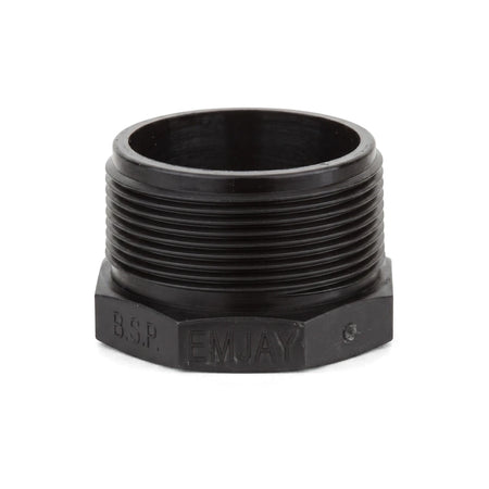 Black plastic threaded irrigation reducing bush, 50mm X 40mm, shown from an elevated perspective on a white background.
