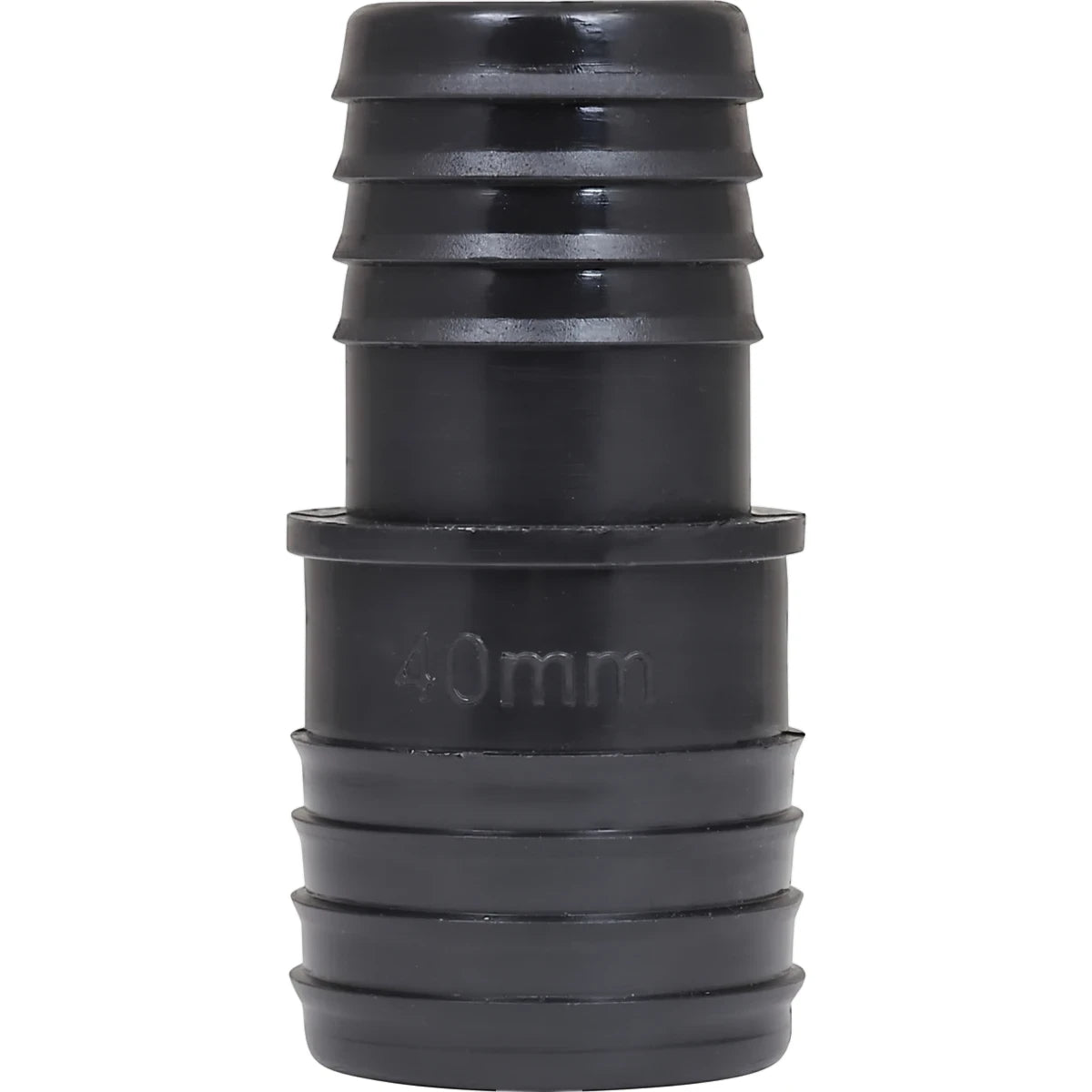 Black plastic irrigation reducing coupling, 40mm x 32mm, with ribbed ends for secure hose connections, shown vertically.