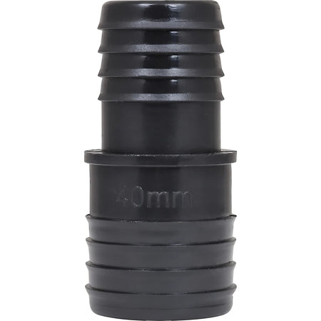 Black plastic irrigation reducing coupling, 40mm x 32mm, with ribbed ends for secure hose connections, shown vertically.