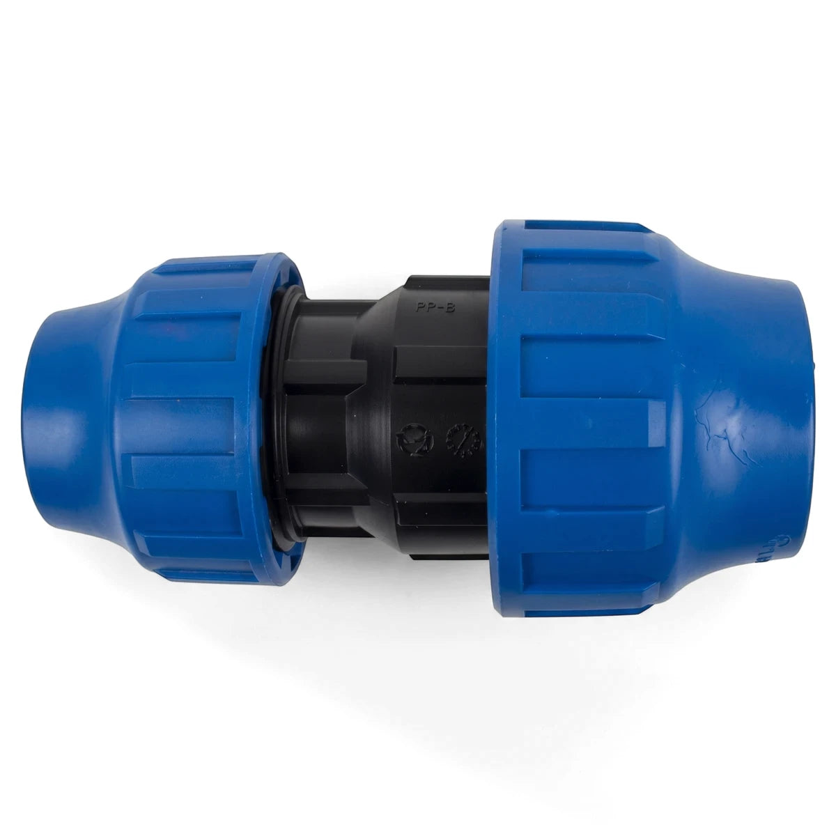 Blue and black plastic irrigation reducing coupling, 50mm X 25mm, for connecting pipes, shown isolated on a white background.