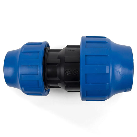 Blue and black plastic irrigation reducing coupling, 50mm X 25mm, for connecting pipes, shown isolated on a white background.