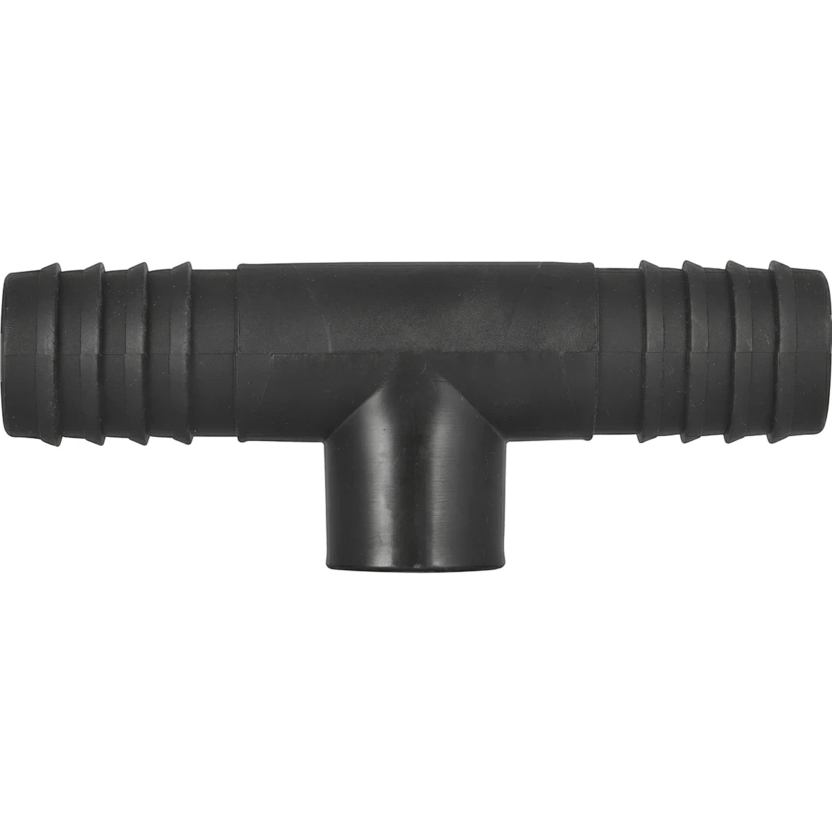 Black plastic irrigation reducing female tee, 25mm x 15mm, with ribbed barbed ends for hose connections.