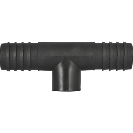 Black plastic irrigation reducing female tee, 25mm x 15mm, with ribbed barbed ends for hose connections.