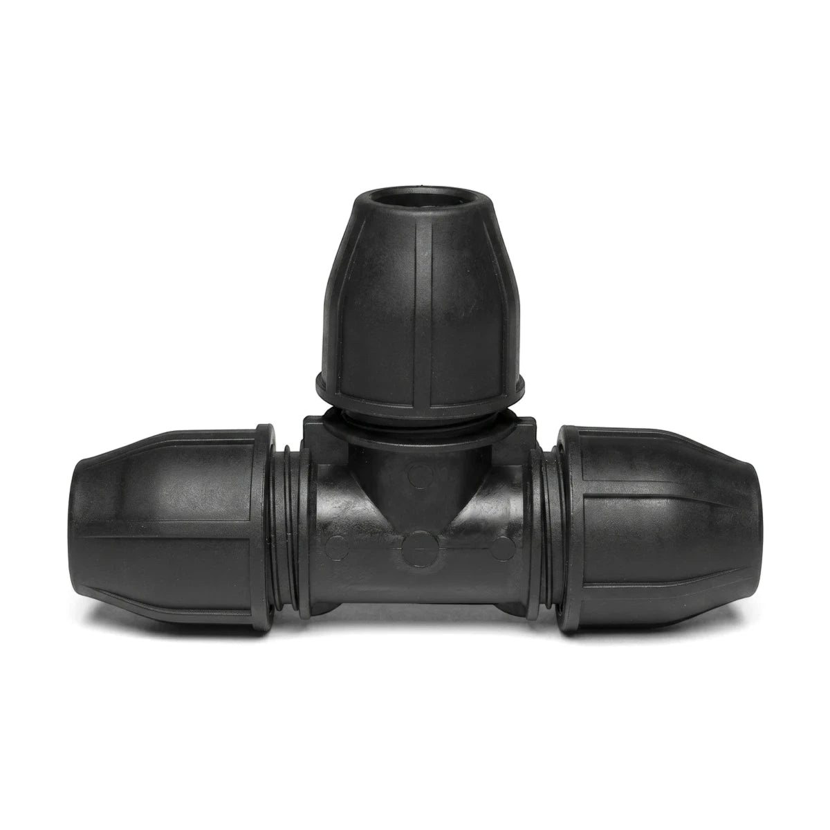 Black 32mm irrigation tee pipe fitting shown from a straight-on view, featuring a T-shaped design for connecting three pipes.